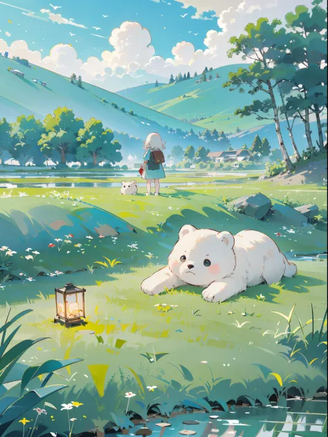 ((a girl and a white bear))，(play in the fields, ricefield，cute white bear, cute girls), ghibli background style, yuru chara sty...