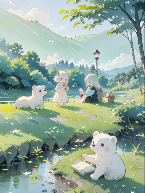 ((a girl and a white bear))，(play in the fields, ricefield，cute white bear, cute girls), ghibli background style, yuru chara sty...