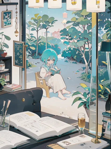 (there is a woman sitting in a chair reading a book, lofi-girl), inside a room, Little girl side close-up, Study table，table lig...