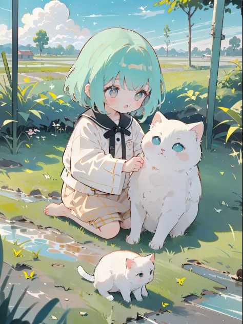 ((a girl and a kitten))，(play in the fields, ricefield，cute little cat, cute girls), ghibli background style, yuru chara style，c...