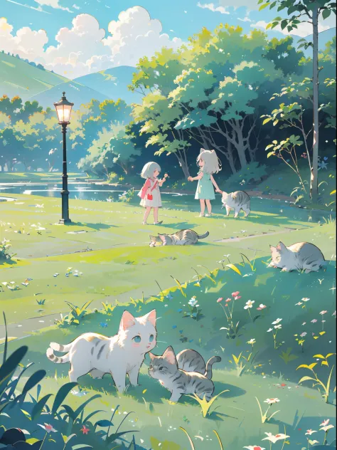 ((a girl and a kitten))，(play in the fields, ricefield，cute little cat, cute girls), ghibli background style, yuru chara style，c...