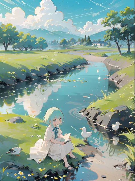 ((a girl sitting by the pond))，(play in the fields, ricefield，cute ducks, cute girls), ghibli background style, yuru chara style...