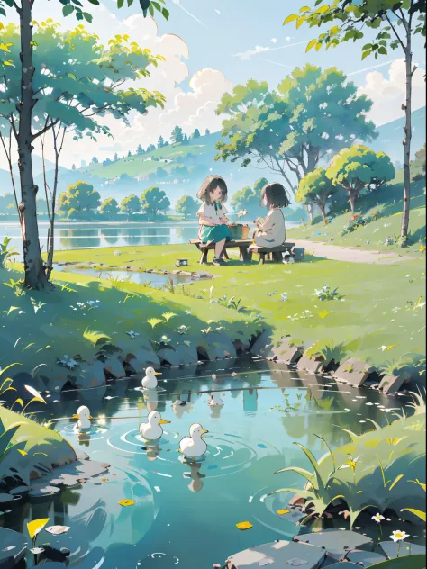 ((a girl sitting by the pond))，(play in the fields, ricefield，cute ducks, cute girls), ghibli background style, yuru chara style...