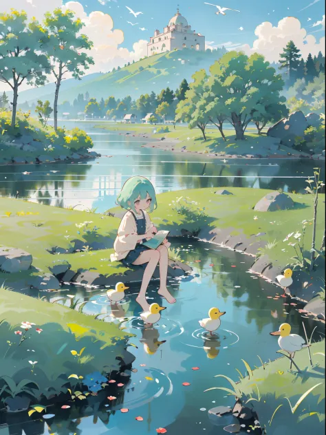 ((a girl sitting by the pond))，(play in the fields, ricefield，cute ducks, cute girls), ghibli background style, yuru chara style...