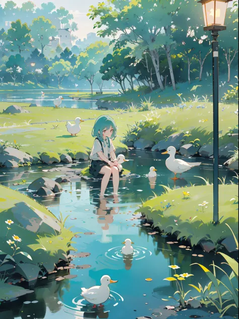 ((A girl sitting by the pond))，(Play in the fields, ricefield，Cute ducks, cute girls), Ghibli background style, Yuru Chara style...