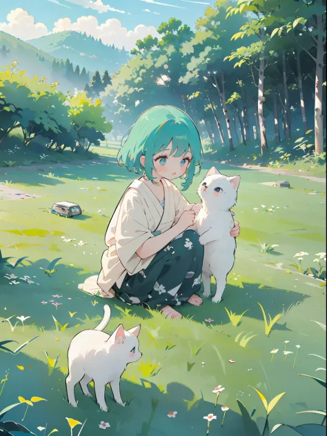 ((a girl and a kitten))，(play in the fields, ricefield，cute little cat, cute girls), ghibli background style, yuru chara style，c...