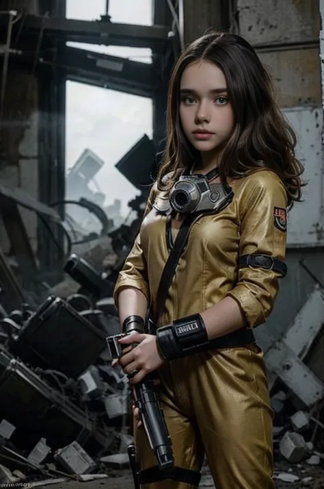 13 year old girl wearing (vaultsuit with pipboy3000 on wrist) standing in a ruined city, holding a large fallout weapon, giant s...