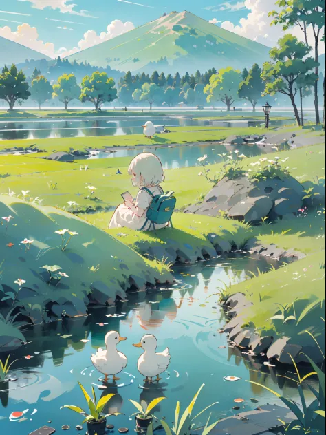 ((a girl sitting by the pond))，(play in the fields, ricefield，cute ducks, cute girls), ghibli background style, yuru chara style...