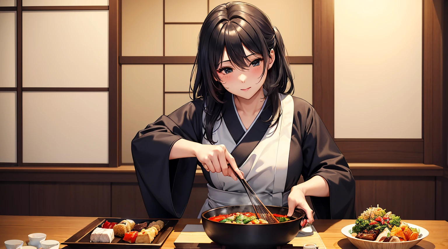 (top quality picture、masterpiece level、Ultra image quality)、Perfect beauty、Kappo kimono、Japanese restaurant、Cooking、kitchin、There is a charcoal fire、And food、