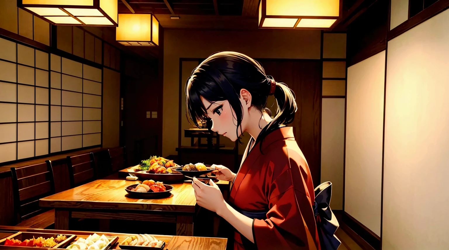 top-quality、​masterpiece、8K picture quality、Perfect beauty、Kappo kimono、Japanese restaurant、Cooking、kitchin、There is a charcoal fire、And food、japanese food、Japanese restaurant