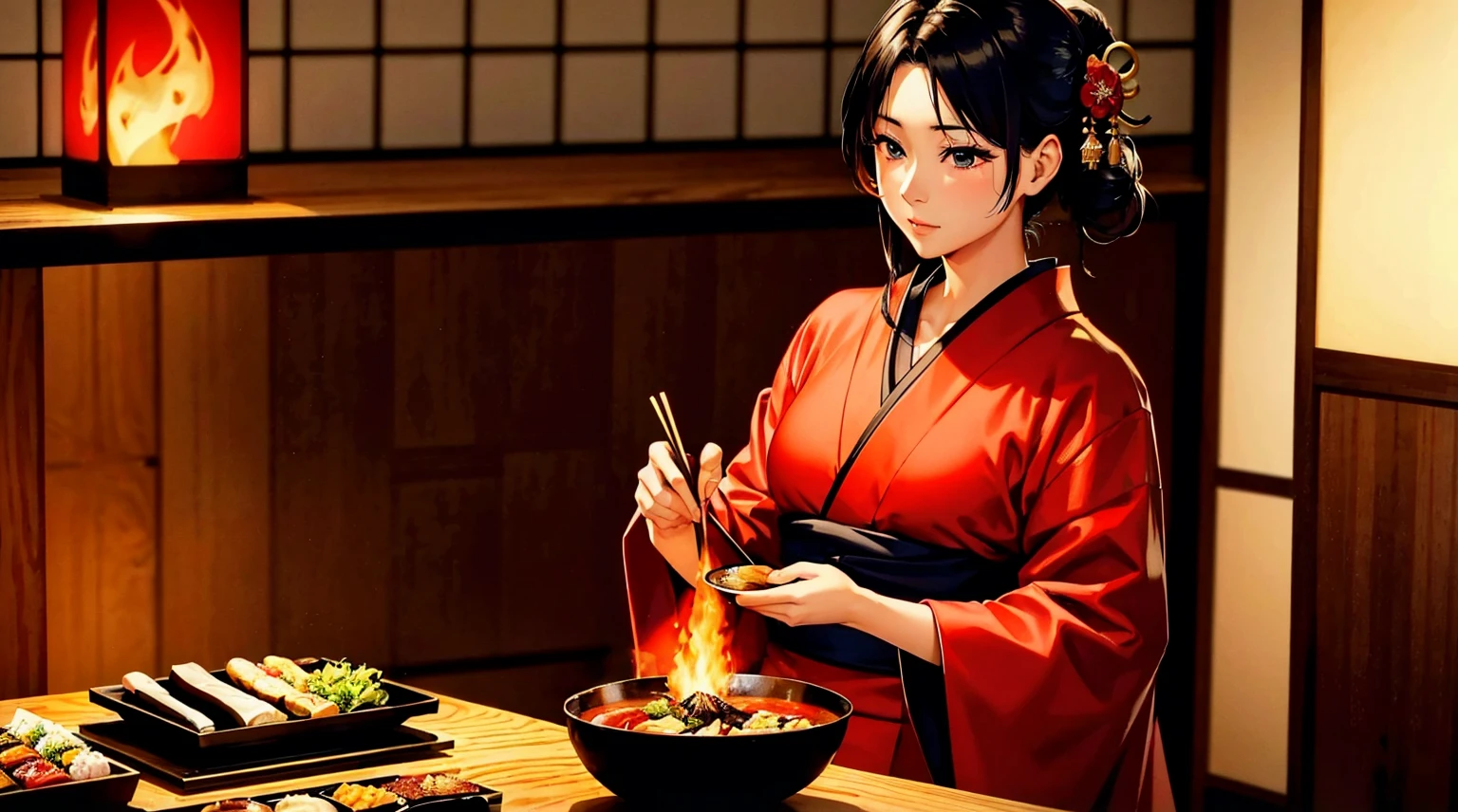 顶级品质、杰作、8K 画质、完美美貌、割烹和服、日本料理、烹饪、厨房、有炭火、还有食物、日本料理、日本料理