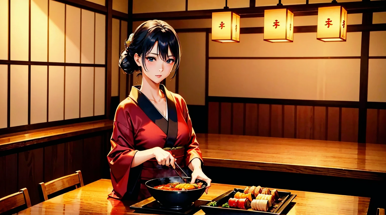 top-quality、​masterpiece、8K picture quality、Perfect beauty、Kappo kimono、Japanese restaurant、Cooking、kitchin、There is a charcoal fire、And food、japanese food、Japanese restaurant