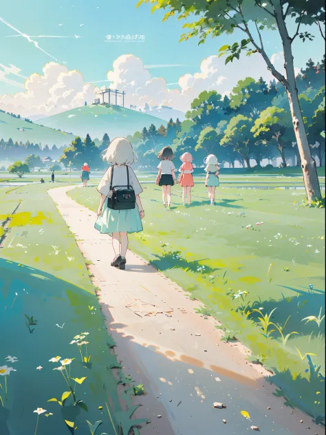 ((a group of girls walk away in a row))，(play in the fields, ricefield, cute girls), ghibli background style, yuru chara style，c...