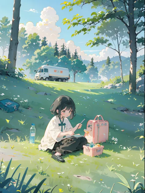 ((a girl sits on the grass))，(picnic under the big tree，cute lunch box, cute girls), ghibli background style, yuru chara style，c...