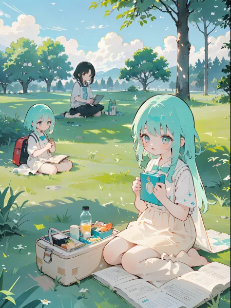 ((a girl sits on the grass))，(picnic under the big tree，cute lunch box, cute girls), ghibli background style, yuru chara style，c...