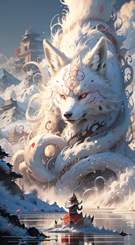 ink style,Chinese Nine-tailed fox, Beauty White fox, Nine tails, Enchantment, Mysterious, full body,Wu Guan Zhong,Wearing Tang D...