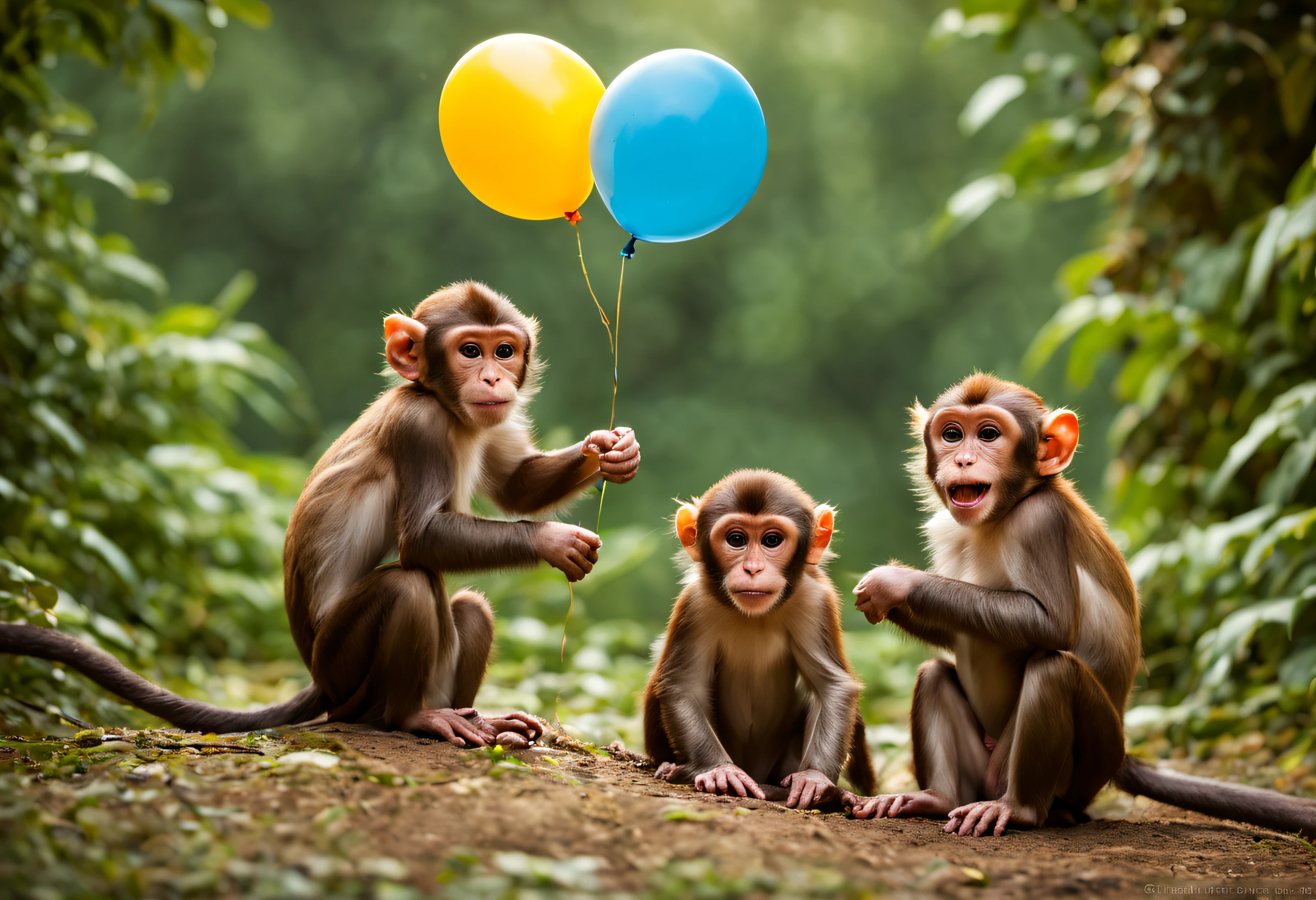 "(best quality,ultra-detailed),a group of monkeys playing with balloons,fun,joy,curious monkeys,energetic monkeys,playful monkeys,forest background,colorful balloons,cheerful atmosphere,vivid colors,expressive faces,fluffy fur,mischievous expressions,monkey antics,happy moments,monkey's natural habitat,wildlife photography,action shots,monkey family,monkey siblings,emotions,interactive play,excitement,animal behavior,delightful scene,bokeh lights,beautiful nature,leafy trees,sunlit forest,playtime,active imaginations,fun-filled environment,uplifting vibes,movement,leaping monkeys,balloon popping,mischief,monkey business,imaginative play,innocence,laughter and joy"
