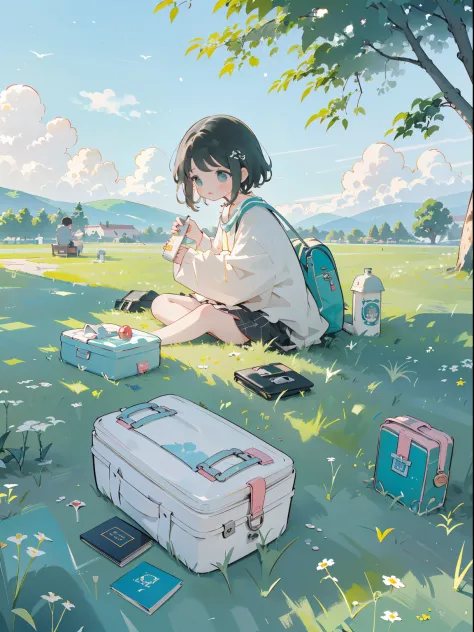 ((a girl sits on the grass))，(picnic under the big tree，cute lunch box, cute girls), ghibli background style, yuru chara style，c...