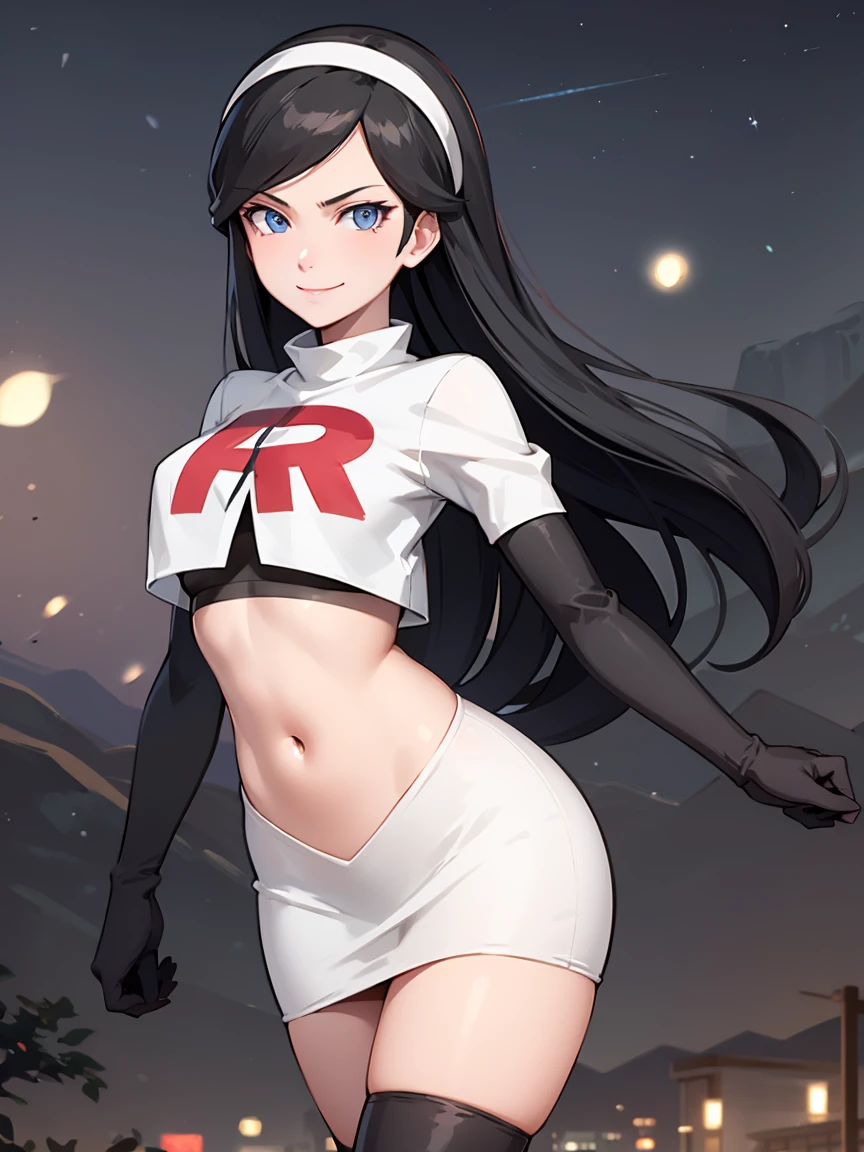 kumashiro maya, hairband, black hair, blue eyes, team rocket uniform, red letter R, white skirt,white crop top,black thigh-high boots, black elbow gloves, smile, looking at viewer, cowboy shot, sexy pose, night sky background