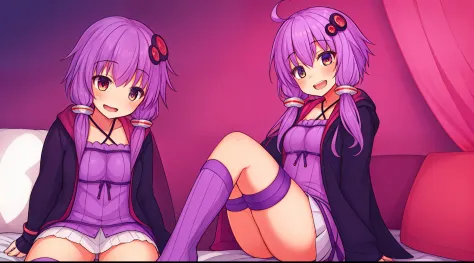 (masutepiece,Best Quality:1.4), (the Extremely Detailed CG Unity 8K Wallpapers), (High resolution), (Best Background Details:1.26), (Best Character Details:1.4), (1 girl), (Full body:1.2), highlight in eyes, purple thighhighs, Purple panties, Indoors, Sitt...