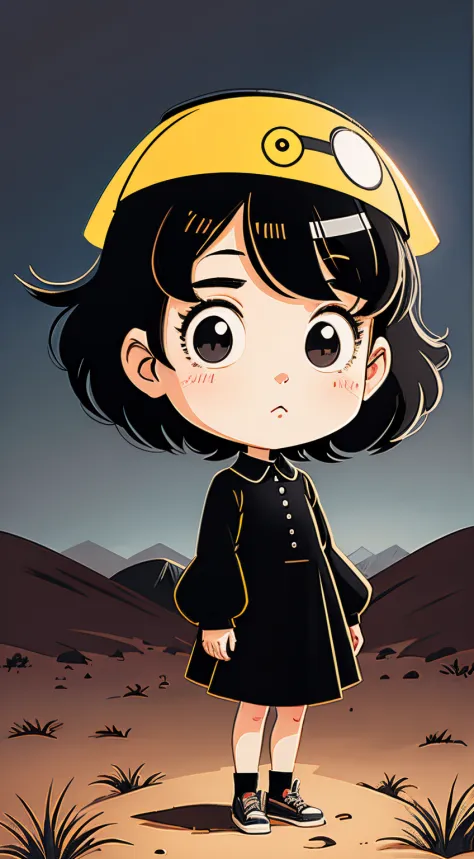 cartoon girl wearing black clothes standing in the desert, lofi-girl, inspired by yumeji takehisa, cartoon vector style, change,...