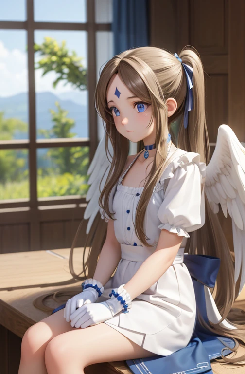 (masterpiece), bestquality, high-res, Bell Dandy, long-haired, Blue Eyes, brunette hair, facial mark, Forehead marker, gloves, wings, choker, bracelet, rings, body hair, angel wings, View from the side:0.6, (Forrest:1.1), Seated,