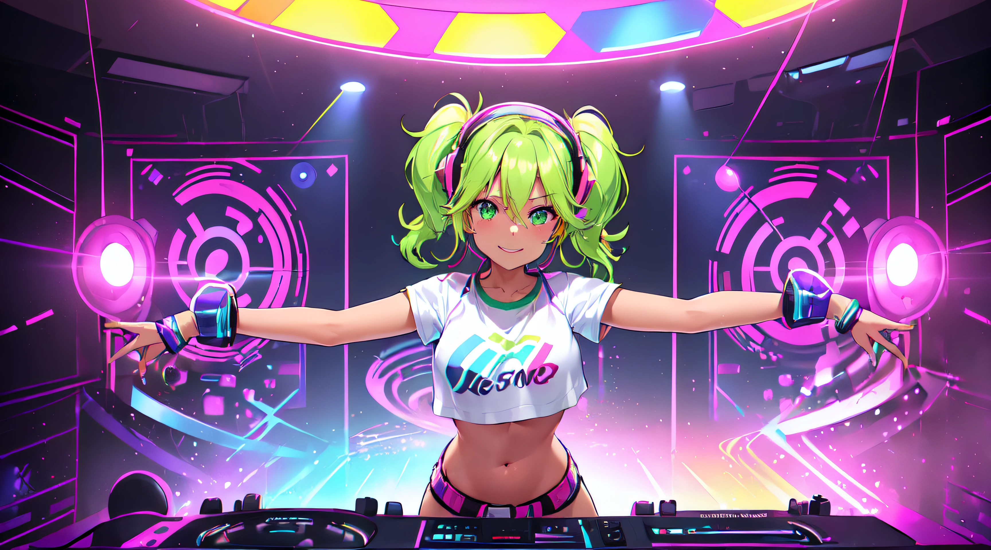 obra prima, 1girl ((20 anos, Crop Top shirt exposes navel, minissaia roxa, sneaker, medium breasts, cabelo rosa multicolor, twin ponytails, olhos verdes, Paquera, Feliz, grande sorriso, ansioso, headphones on head, standing behind a DJ turntable, DJ music in a dance club, neon and colored lighting, futuristic dance club, atmosfera futurista e emocionante)) ((sozinho))