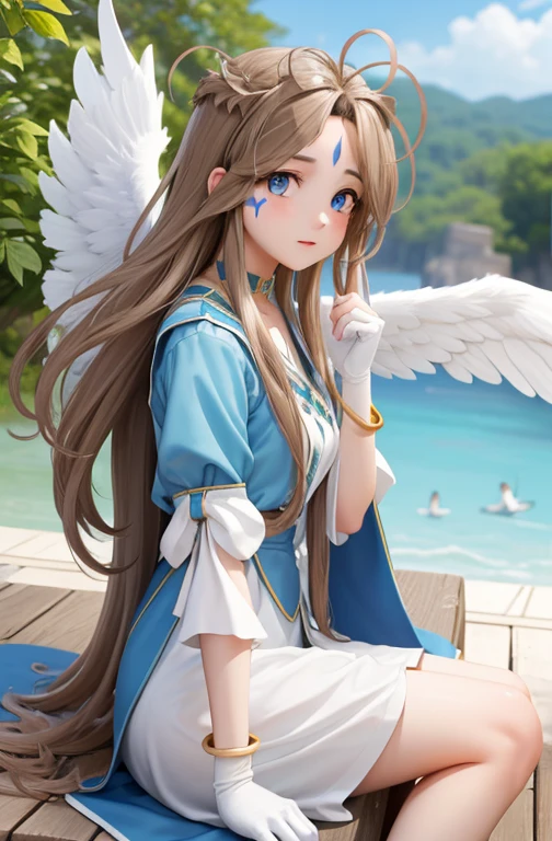 (masterpiece), best quality, high resolution, belldandy, long hair, blue eyes, brown hair, facial mark, forehead mark, gloves, wings, choker, bracelet, ring, feathers, angel wings, view from side:0.6, (forrest:1.1), sitting,perfect body