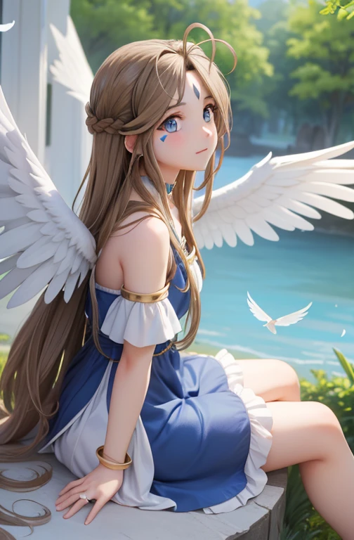 (masterpiece), best quality, high resolution, belldandy, long hair, blue eyes, brown hair, facial mark, forehead mark, gloves, wings, choker, bracelet, ring, feathers, angel wings, view from side:0.6, (forrest:1.1), sitting,perfect body