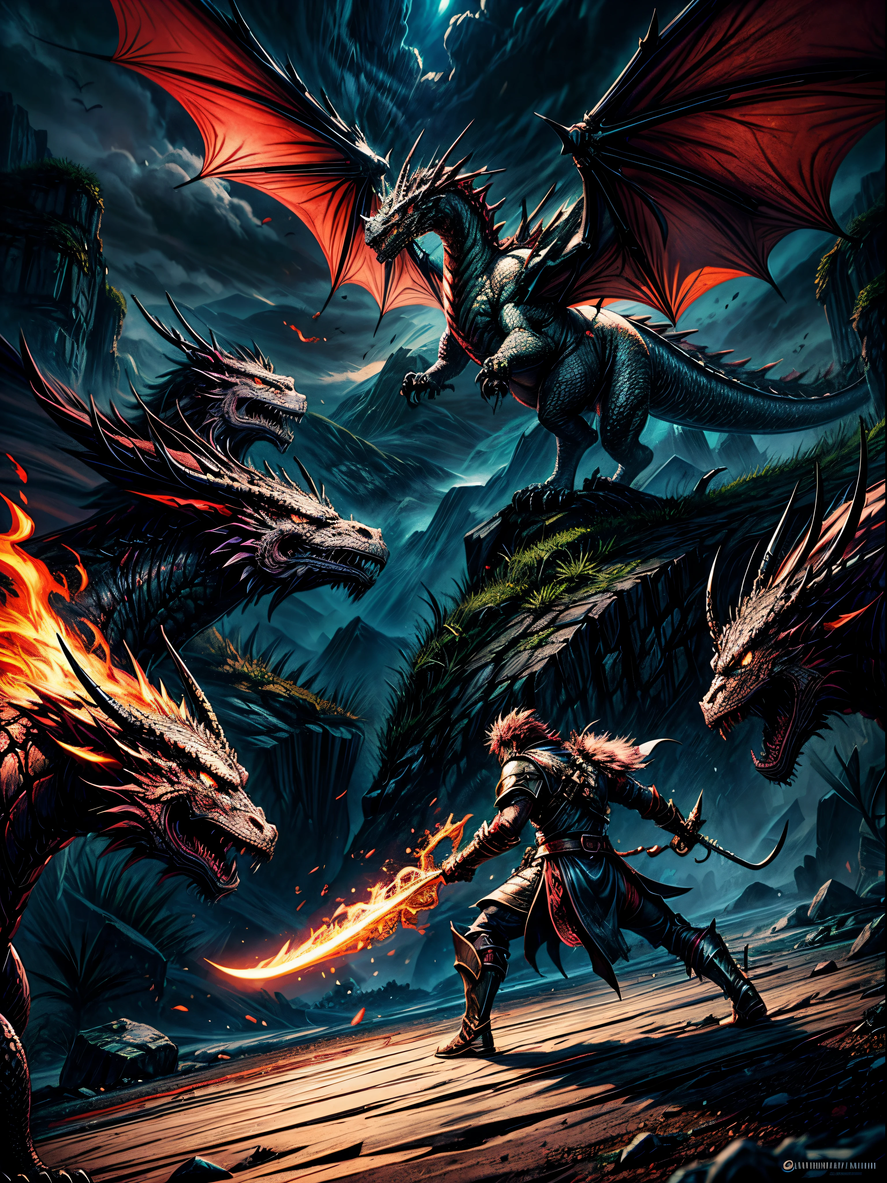 Create a digital art masterpiece depicting a fearless and battle-worn dragon slayer standing defiantly before an imposing, fire-breathing dragon. The dragon slayer should exude confidence, wielding a legendary weapon with intricate details and adorned in battle-scarred armor. The dragon should be a formidable force, its scales reflecting the glow of its fiery breath. Set the scene against a dramatic backdrop that captures the intensity of this showdown between the last of the dragon slayers and the majestic beast, showcasing the clash of two legendary forces in an epic fantasy world.