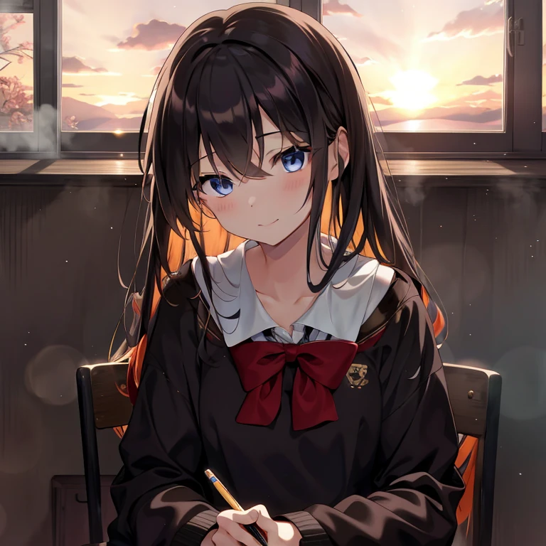 Anime girl sitting at the table and writing in a notebook, Anime cute art style, Beautiful anime high school girl, Anime style 4k, Portrait anime girl, up of young anime girl, a beautiful anime portrait, Anime art wallpaper 8 K, 4k anime wallpapers, Anime visuals of a cute girl, Anime art wallpaper 4k, Anime art wallpaper 4k, Portrait of an anime girl