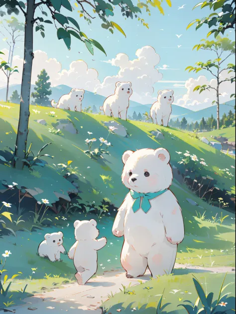 ((several white bears))，(Play in the fields, ricefield，cute white bear, cute girls), Ghibli background style, Yuru Chara style，c...