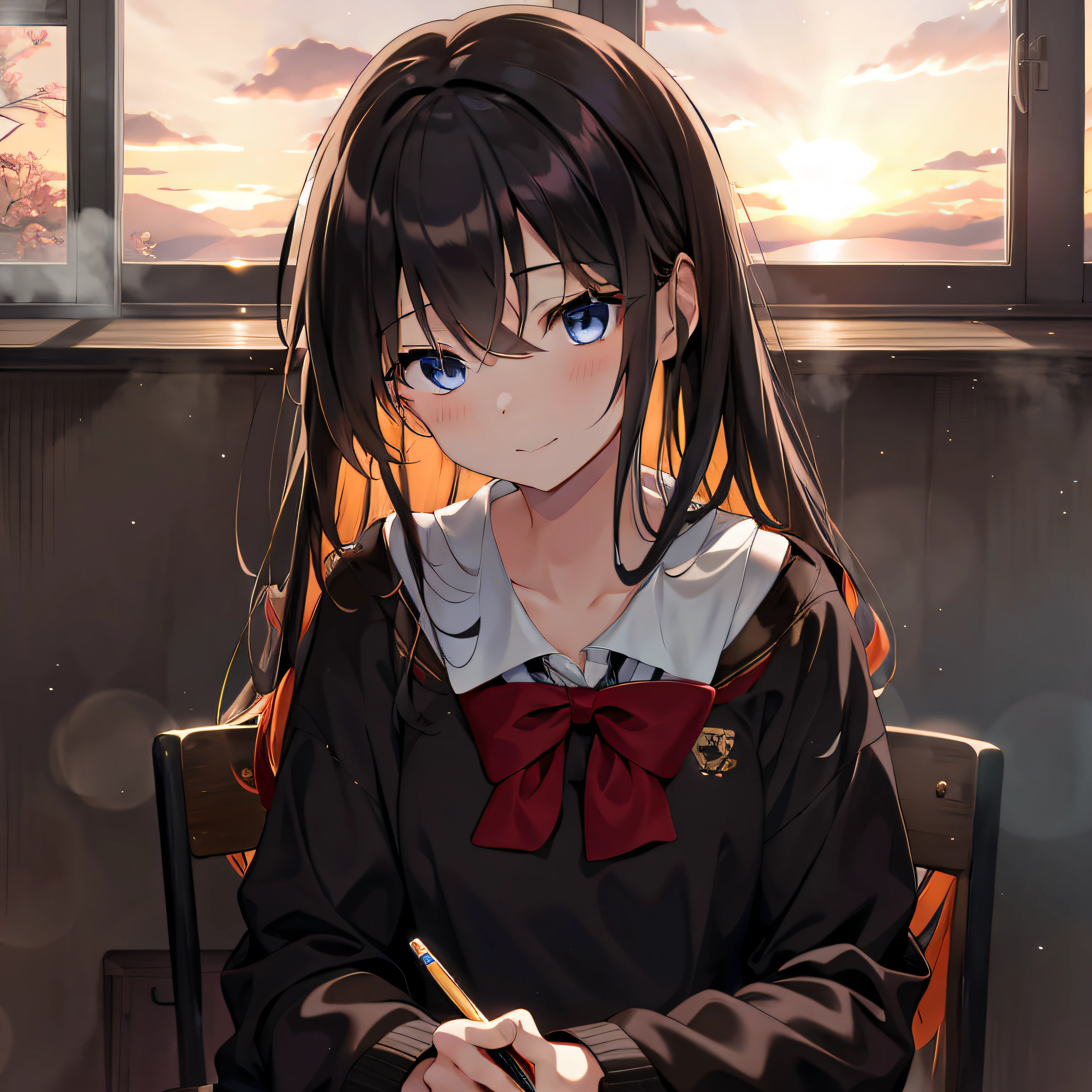 Anime girl sitting at the table and writing in a notebook, Anime cute art style, Beautiful anime high school girl, Anime style 4k, Portrait anime girl, up of young anime girl, A beautiful anime portrait, Anime art wallpaper 8 K, 4k anime wallpapers, Anime visuals of a cute girl, Anime art wallpaper 4k, Anime art wallpaper 4k, Portrait of an anime girl