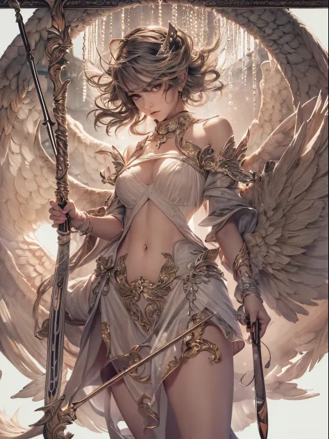 (Finest quality)),(超A high resolution),(ultra-detailliert),(Meticulous portrayal),((best pictures)),(Finest works of art),Ultra-Precision Art,The art of astounding depiction, Fantasyart:1.5, (A female angel swinging a spear:1.7),Beautiful and well-groomed face:1.5,Angry face:1.5,(toned body:1.6), demon being purified:1.5