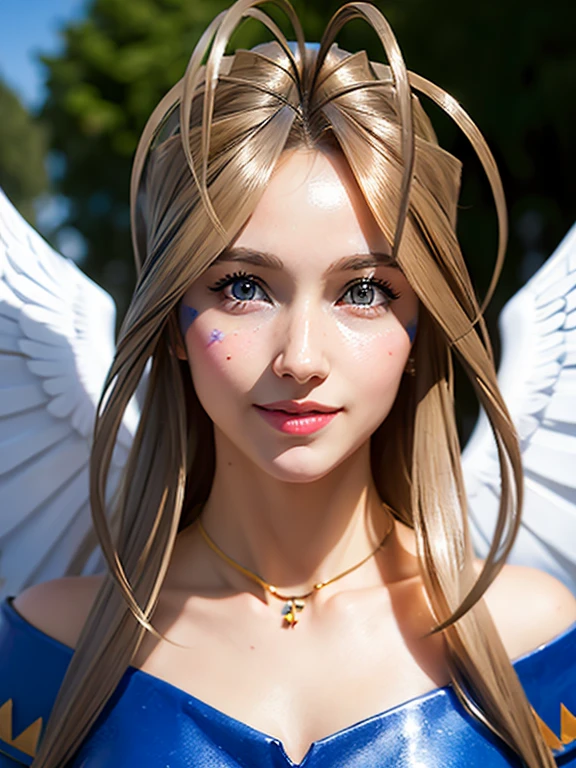 (masterpiece, best quality:1.4), (standing:1.2), (full body:1.2), (medium breast), (breast focus), big angel wings, 1girl, solo, (european youth:1), (Belldandy, Belldandy_Blue_Dress), necklace, (Diamond symbol:0.8), looking at viewer, beautifull smile, beautiful face, highly detailed face, highly detailed eyes, highly detailed skin, skin pores, subsurface scattering, realistic pupils, full face blush, full lips, detailed background, depth of field, volumetric lighting, sharp focus, absurdres, realistic proportions, good anatomy, (realistic, hyperrealistic:1.4), 16k hdr,