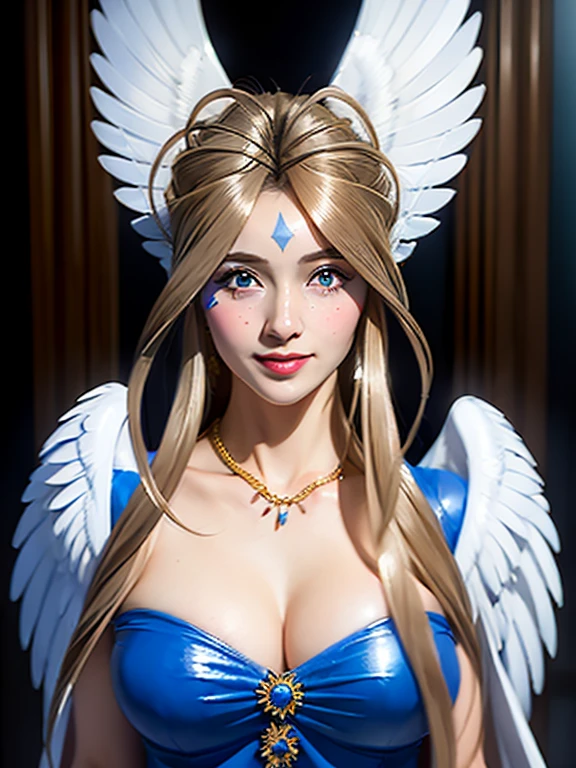 (obra maestra, mejor calidad:1.4), (de pie:1.2), (cuerpo completo:1.2), (pecho mediano), (enfoque en el seno), Grandes alas de ángel, 1 chica, solo, (juventud europea:1), (Belldandy, Belldandy_Blue_vestido), collar, (Símbolo de diamante:0.8), mirando al espectador, Hermosa sonrisa, Hermoso rostro, Cara muy detallada, ojos muy detallados, piel muy detallada, poros de la piel, dispersión subsuperficial, Realista pupils, rubor de cara completa, labios llenos, antecedentes detallados, profundidad de campo, iluminación volumétrica, enfoque nítido, absurdos, Realista proportions, buena anatomia, (Realista, hyperRealista:1.4), 16k hdr,