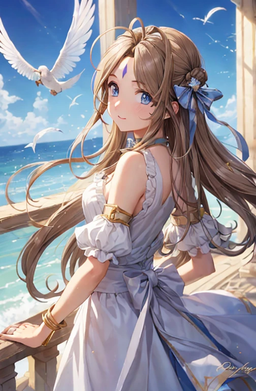 (masterpiece), best quality, high resolution, belldandy, long hair, blue eyes, brown hair, facial mark, forehead mark, gloves, wings, choker, bracelet, ring, feathers, angel wings, view from side:0.6, (forrest:1.1), stand, 20 years old