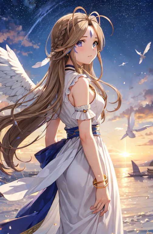 (masterpiece), best quality, high resolution, belldandy, long hair, blue eyes, brown hair, facial mark, forehead mark, gloves, wings, choker, bracelet, ring, feathers, angel wings, view from side:0.6, (forrest:1.1), stand, 20 years old