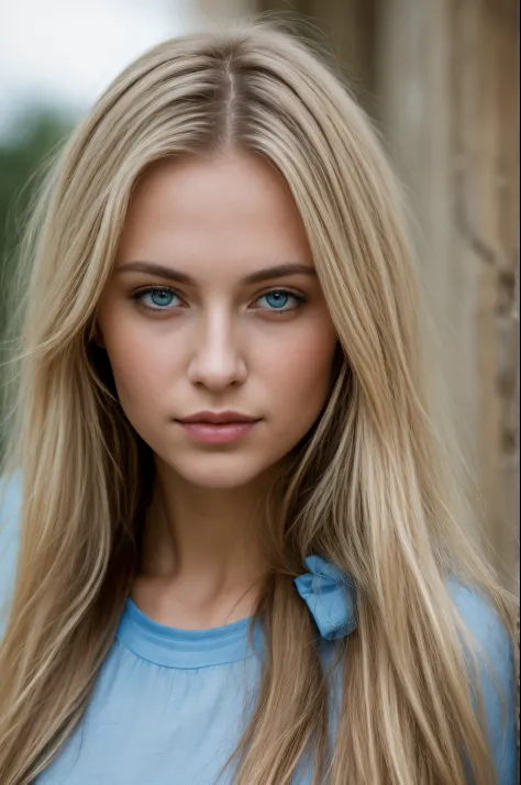 (Best quality)), ((Masterpiece)), (Detailed), photo of a woman with a blue clothes, blond long hair, olive eyes