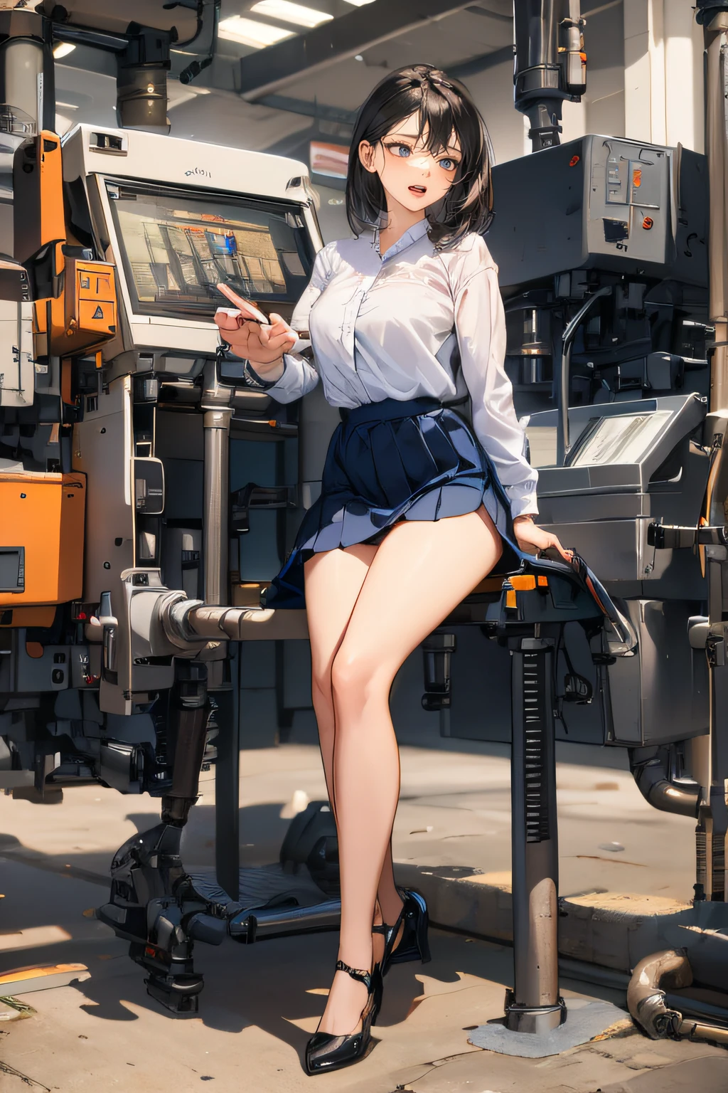 a women, worker clothes, proportions of body parts, skirt, manager, name metal plate, tablet, straddling to hit her crotch on exposed pipe, open mouth, open legs, raise leg, (ecstasy face), (twisted eyes), slut, secret masturbation, in the factory, machines,