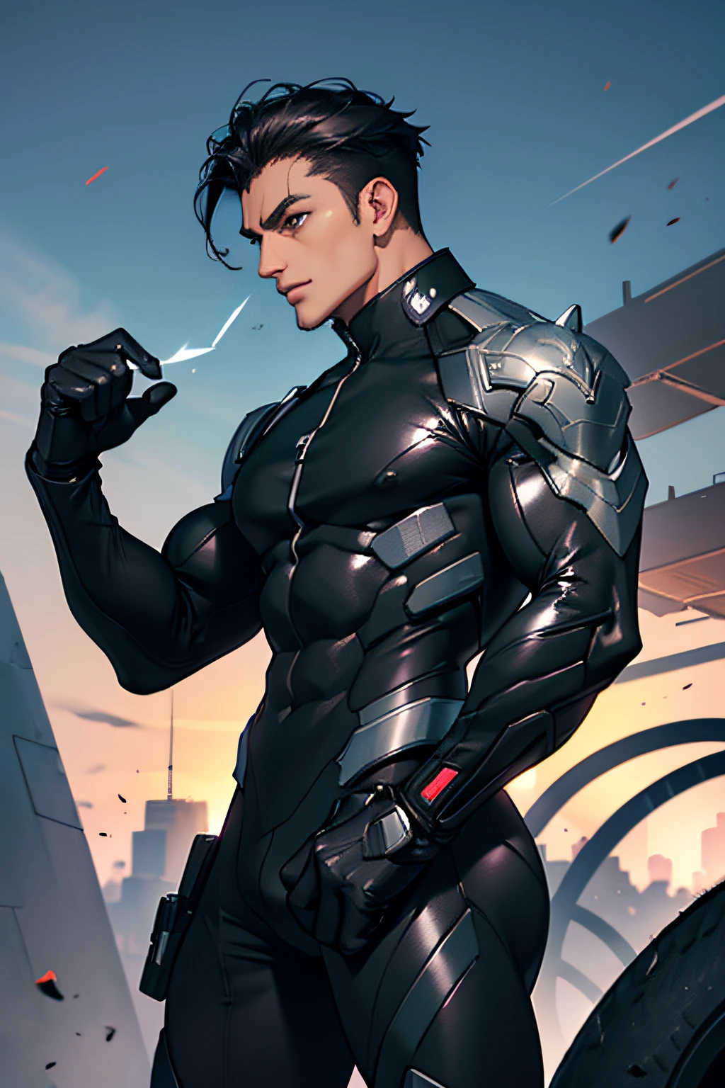 Mann, masculine Mann, Schwarzes Haar, muscular Mann, futuristische Kleidung, engen anzug, Schwarzer Anzug, Militäranzug, charmant