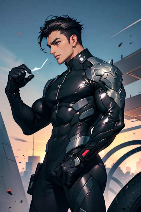 man, masculine man, black hair, muscular man, futuristic clothes, tight suit, black suit, military suit, charming