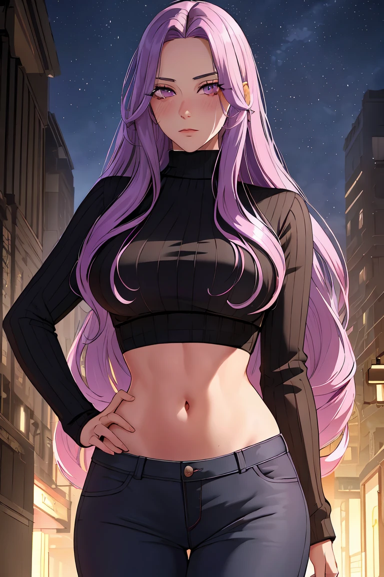 (Shoujo-Stil), ((detailliertes Haar, detaillierte Wimpern, bangs)),
Manhwa-Szenerie, 1 Mädchen, black Pullover, blue Himmel, erröten, Brüste, Wolke, kontrastiert, Cowboy-Schuss, Kurzes Top, Tag, fingernails, Stirn,  Hand auf der eigenen Hüfte, large Brüste, lange Haare, lange Ärmel, Betrachter betrachten, Taille, Nabel, draußen, Hose, lila Augen, lila Haare, ribbed Pullover, Himmel, Allein, Pullover, turtleneck Pullover, very lange Haare, Quallenfeen, ((perfektes Gesicht)), (reifes Gesicht:1.4), (schönes Gesicht:1.15), Detaillierte Augen, sehr tiefe Augen, Zerzaustes Haar, Detaillierter Finger, 
(Meisterwerk), (höchste Qualität), beste Qualität, highres, 8K, Extrem detailliert, Digital Art, (Hyperdetaillierter Hintergrund:1.2), (realistischer Hintergrund),  (komplizierte Details), preisgekrönt, hyperdetailliert, (Illustration:1.1), 
(filmische Beleuchtung), sanfte Beleuchtung,