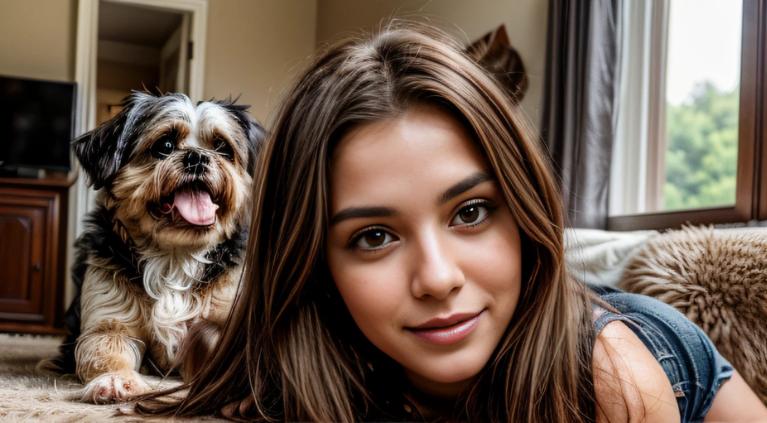 Femme arafée allongée sur le sol avec un chien en arrière-plan - SeaArt AI