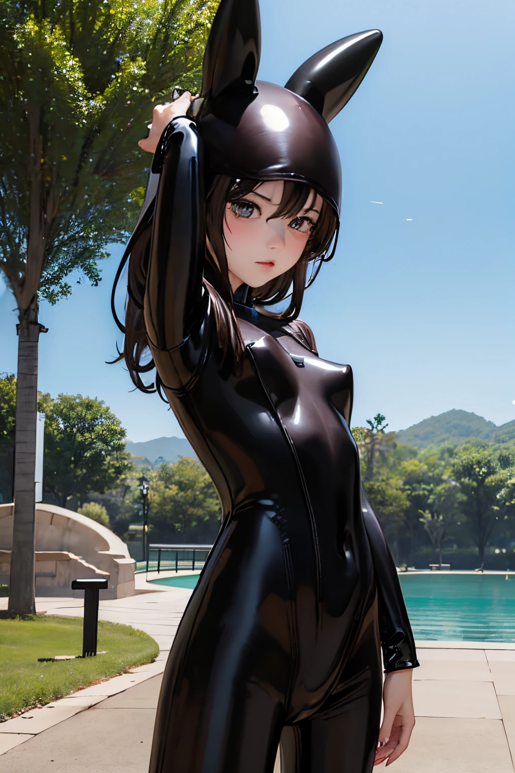 Anime - style woman in a black latex suit posing by a pool - SeaArt AI