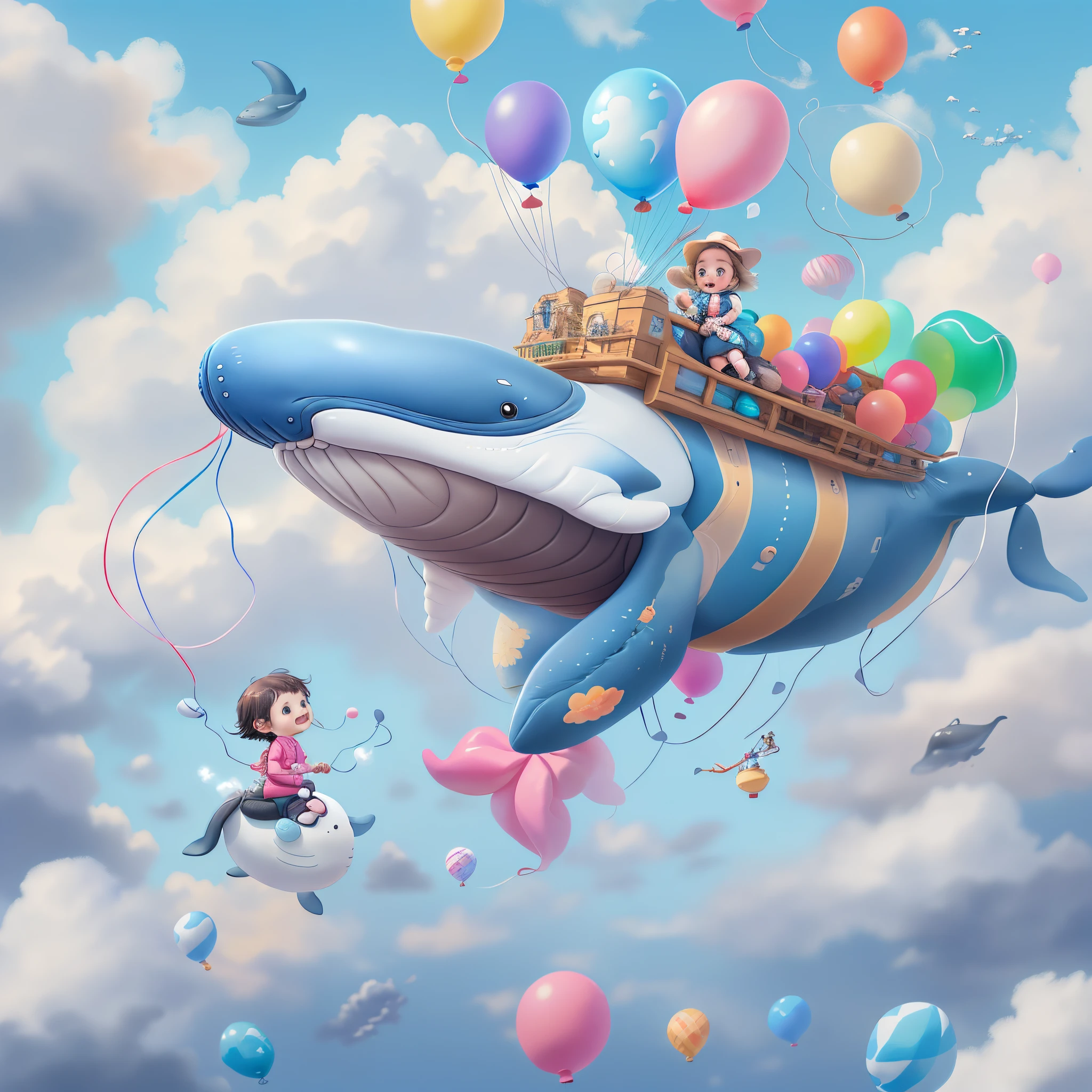 ((1  riding a whale made of Luftballons))，Fröhlich lachen，Fliege in den Wolken，Luftballons，mit blauem Himmel und weißen Wolken，schaut in die Kamera, Niedliche und detaillierte digitale Kunst, schönes digitales Gemälde, Süßer Ballonwal, Schöne, detaillierte Kunstwerke, süßes 3D-Rendering, digitale Malerei sehr detailliert, süß und bunt, süß, hochdetailliertes digitales Kunstwerk, Detailliert und farbenfroh