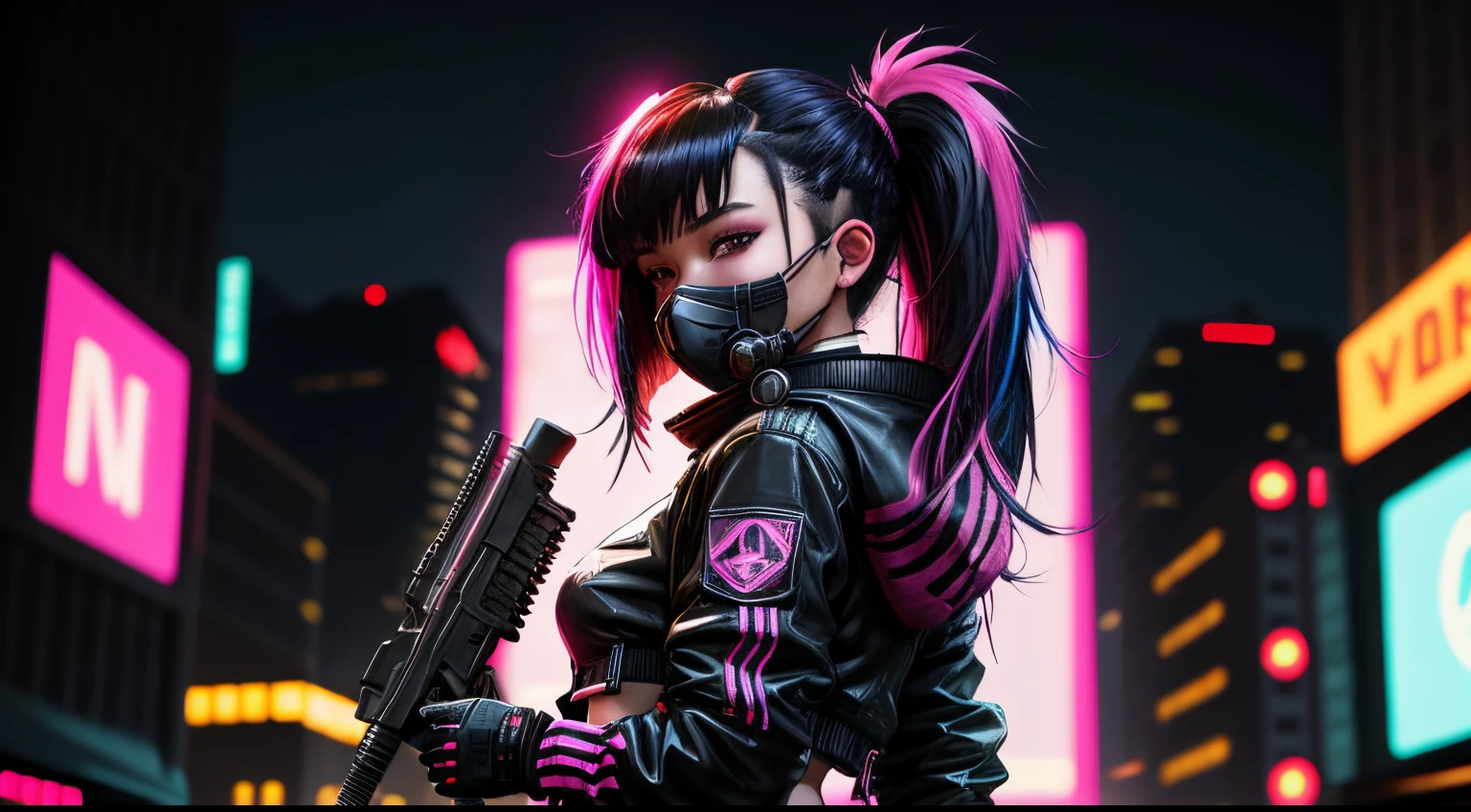 girl, ass, black hair, cyberpunk, multicolored hair, mask, looking at viewer, breasts, solo, cropped jacket, pink hair, ponytail, night, jacket, neon lights, long hair, crop top, weapon, mouth mask, thighhighs, streaked hair, gas mask, medium breasts, thong, shiny, thighs, two-tone hair, standing, city, gloves, glowing, outdoors, belt, gun, realistic, bangs, respirator, science fiction, artist name, black jacket, holding, from side, cowboy shot