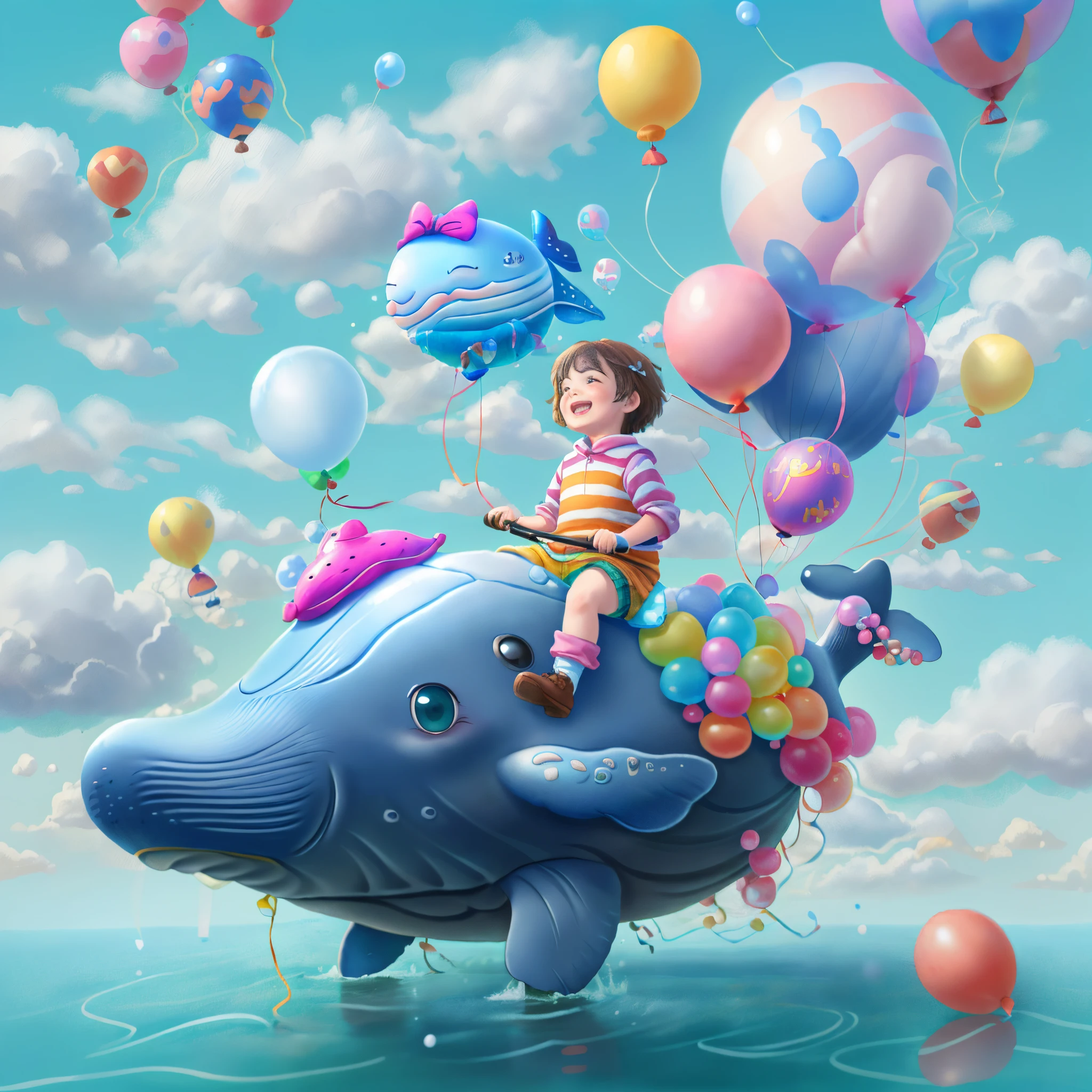 ((1  riding a whale made of надувные шарики))，Смейся счастливо，Летать в облаках，надувные шарики，с голубым небом и белыми облаками，смотрит в камеру, Симпатичное и детальное цифровое искусство, прекрасная цифровая живопись, Милый воздушный кит, Прекрасная детальная работа, милый 3D-рендеринг, цифровая живопись очень подробная, милый и красочный, восхитительный, высокодетализированное цифровое изображение, Подробный и красочный