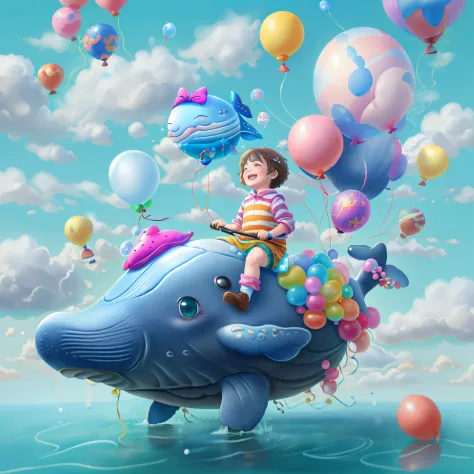 ((1 child riding a whale made of balloons))，Laugh happily，Fly in the clouds，balloons，with blue sky and white clouds，looks into c...