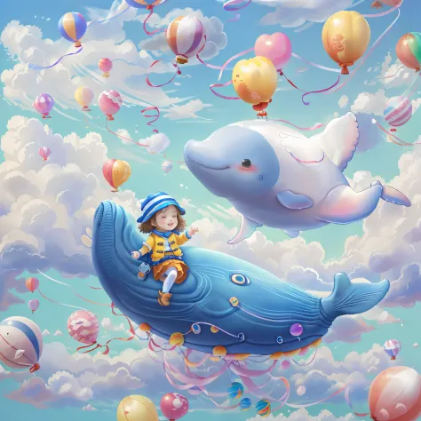 ((1 child riding a whale made of balloons))，Laugh happily，Fly in the clouds，balloons，with blue sky and white clouds，looks into c...